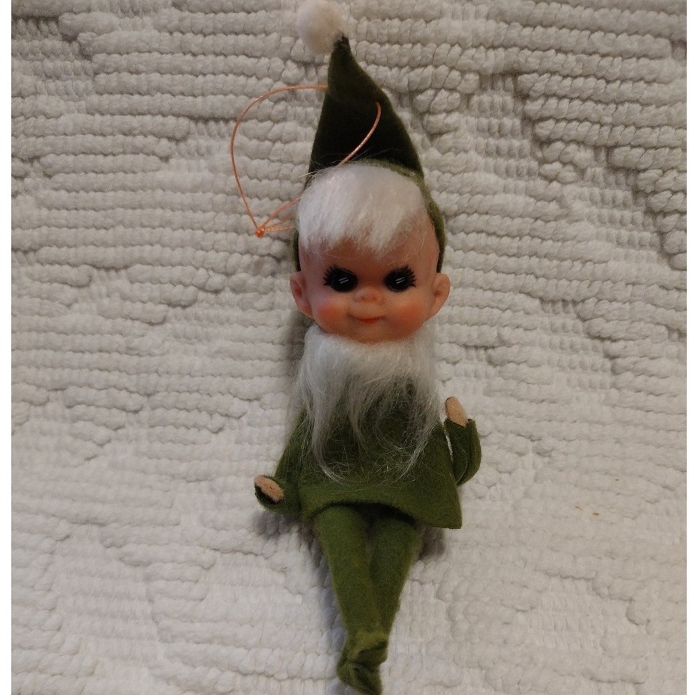 Vintage Green Felt Elf Pixie Ornament Made in Japan Christmas Kitsch 5 Inch